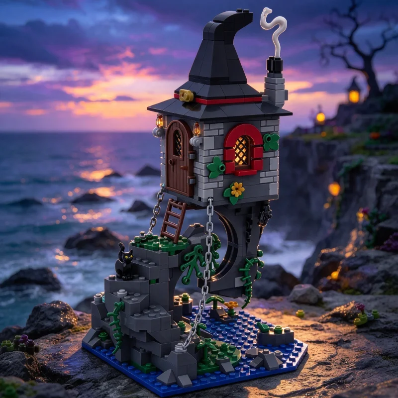 Witch Hut Cottage MOC Building Blocks Dark Fantasy Spooky Forest Model DIY Assembly Brick Set Desktop Collectible Display