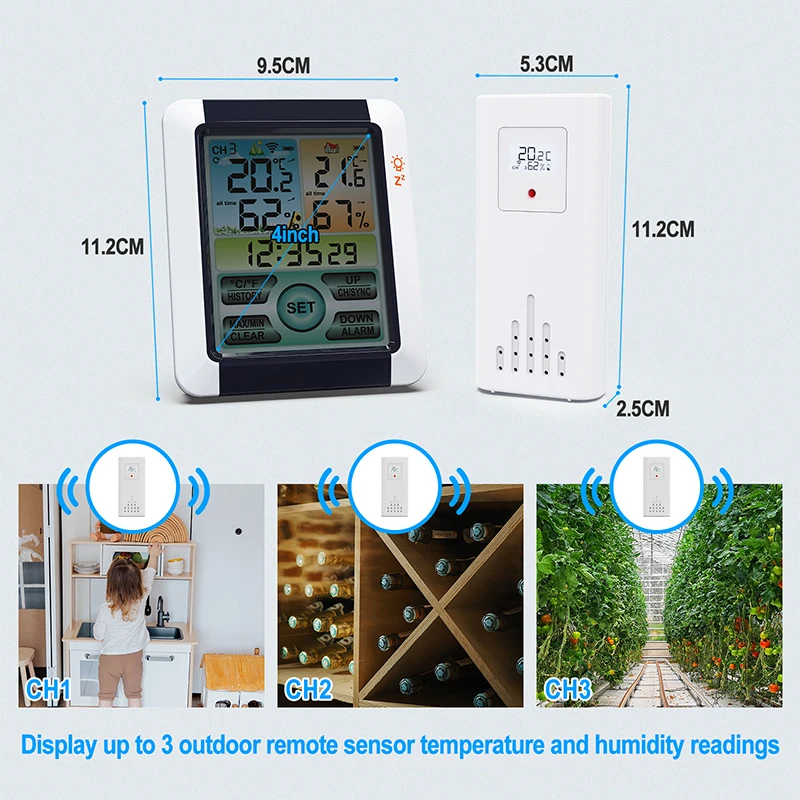 Wireless Indoor Outdoor Digital Weather Station Alarm Clock Touch Color Large Screen Thermohygrometer with Backlight Transmitter