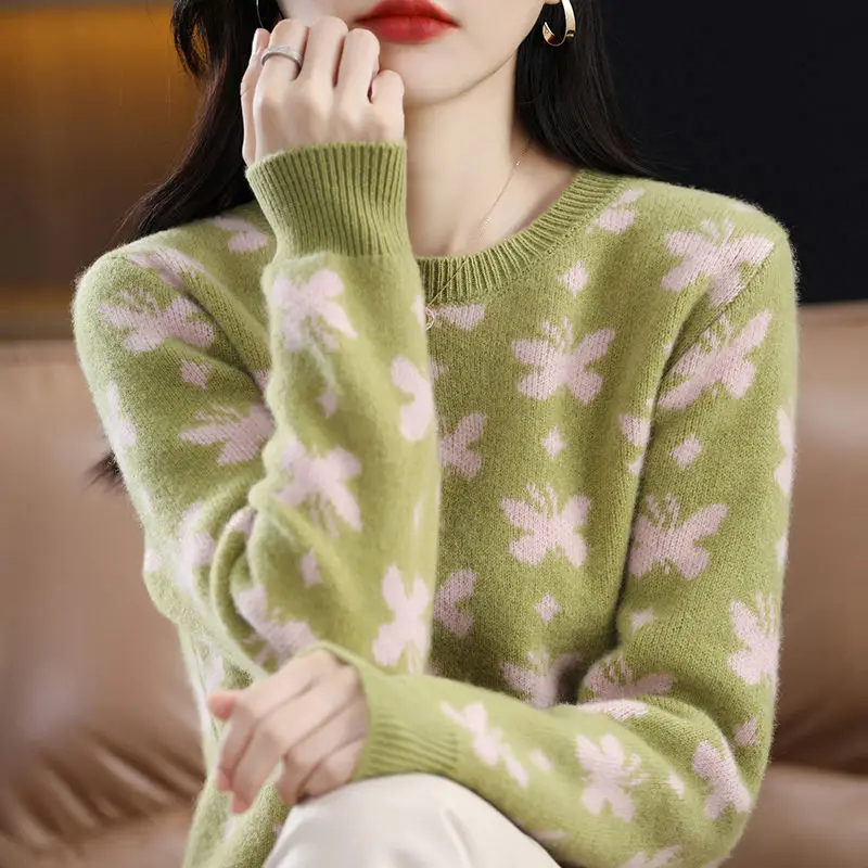 Women's Pullover Round Neck Contrast Color Bow Printing Sweater Autumn and Winter Korean Office Lady Long Sleeve Thick Knit Tops