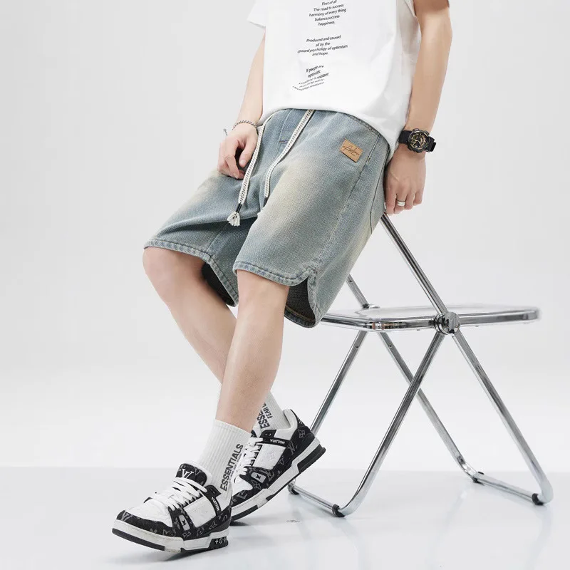 Star Pattern Denim Shorts Men's Loose Trend Straight Casual Five-point Medium Pants 2026 New Versatile