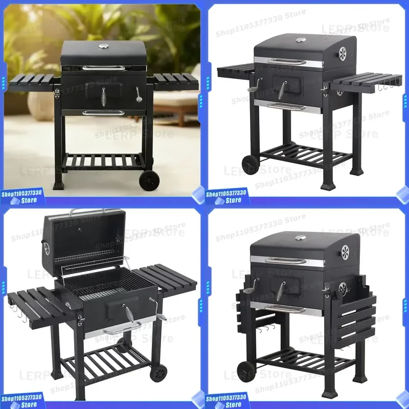 T1 Black Portable Cart Grill Large Foldable Side Table for Outdoor Garden Backyard Terrace BBQ Cooking Station Heavy Duty