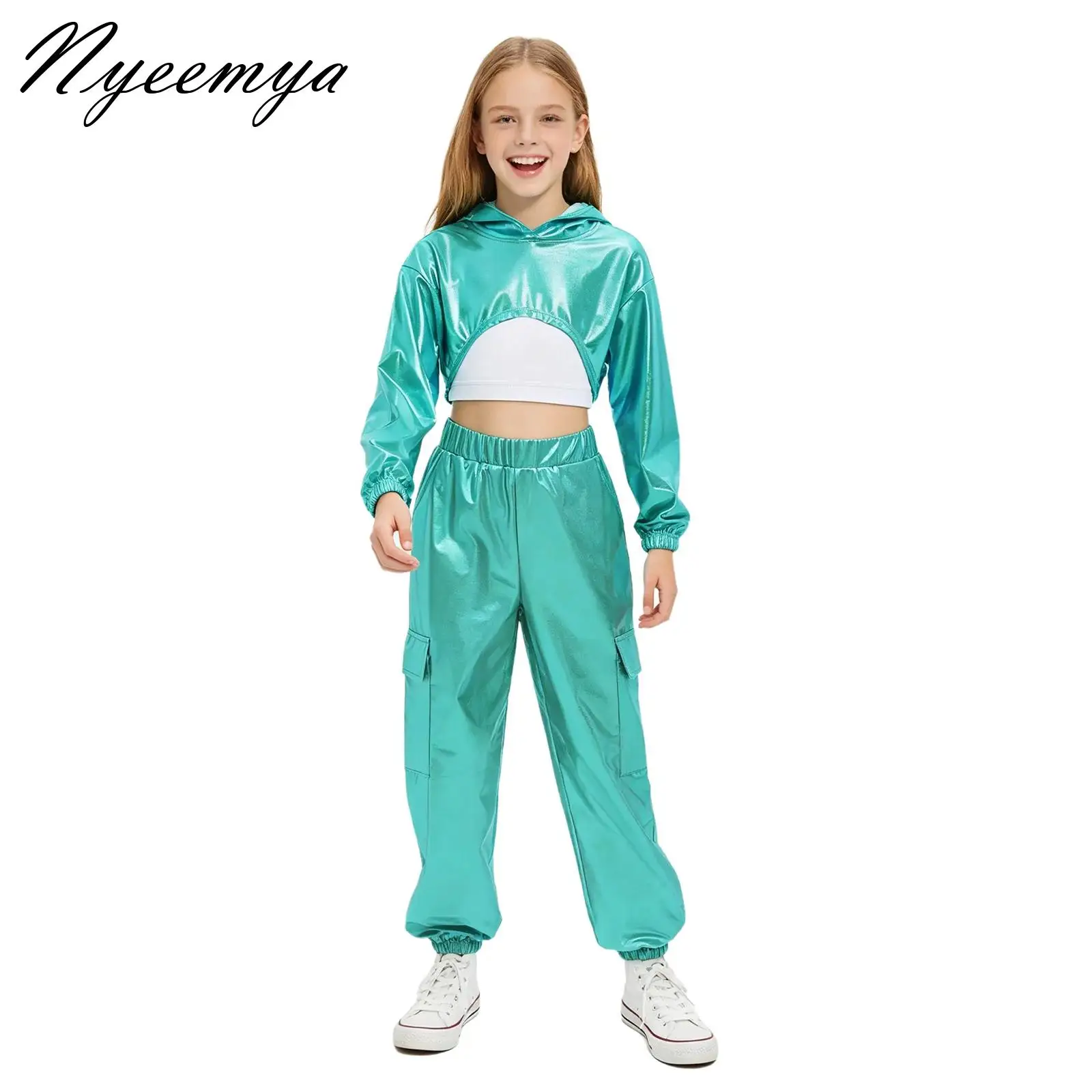 Kids Jazz Street Dance Costume Fashion Cool Bright Metallic Clothes Set Boys Girls Hip Hop Hoodie Vest Pants Runways Show Outfit