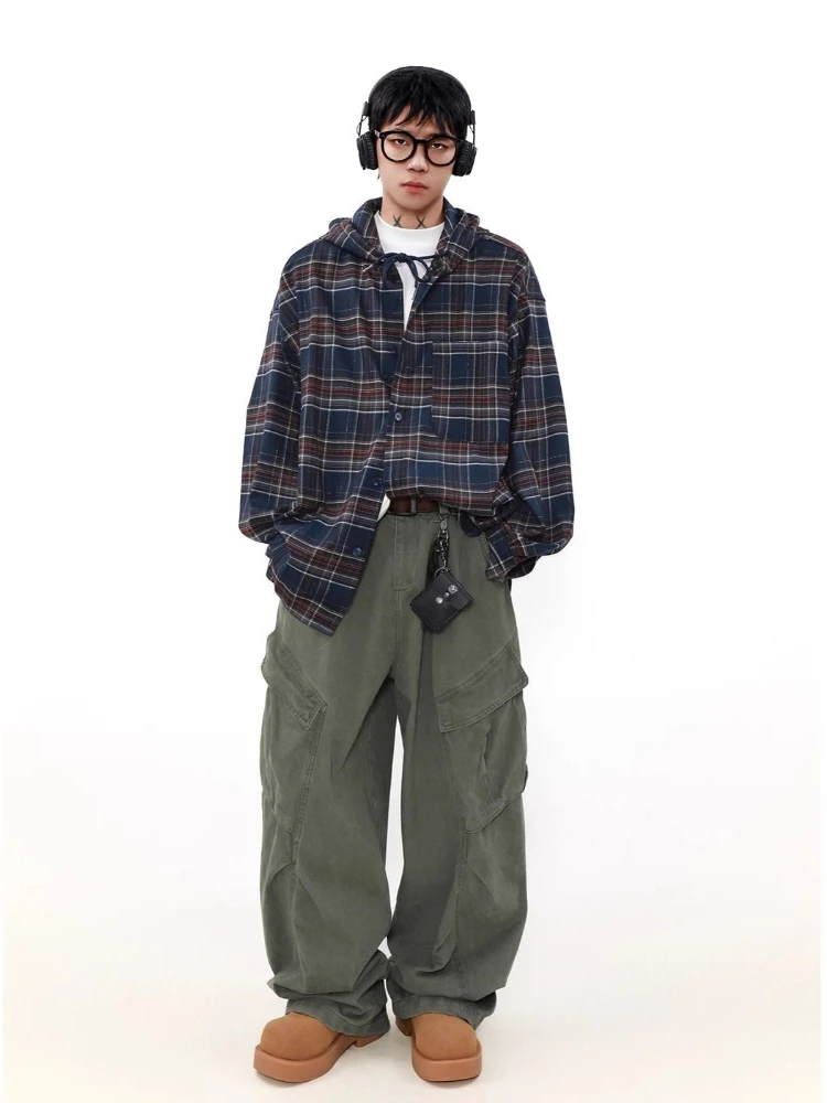HOUZHOU Vintage American Style Plaid Shirts Hooded Women Man Oversized Checked Long Sleeve Top Harajuku Retro Jackets Streetwear