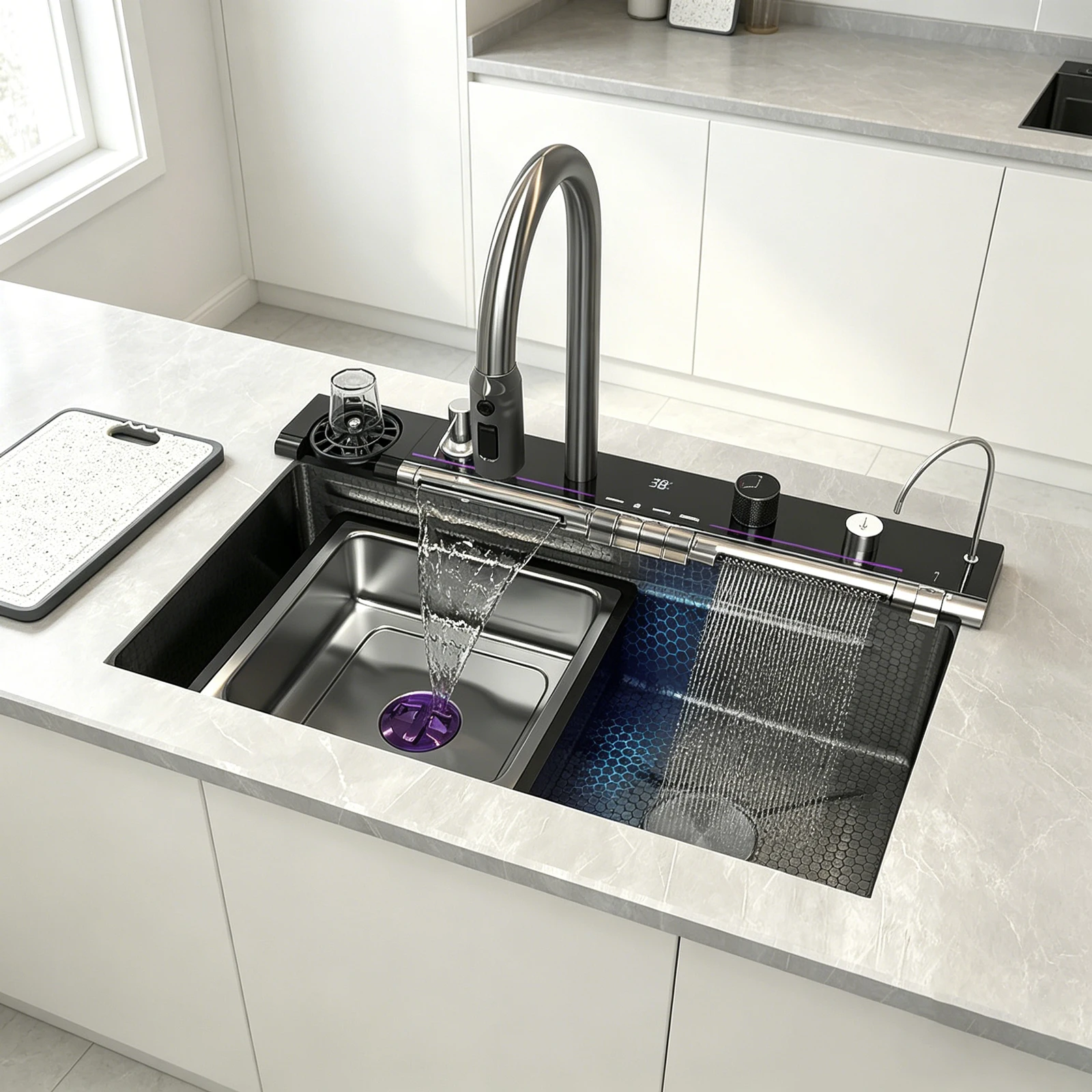 Intelligent Waterfall Stainless Steel Kitchen Sink Digital Display Large Single Bowl Durable Scratch Resistant Washing Basin