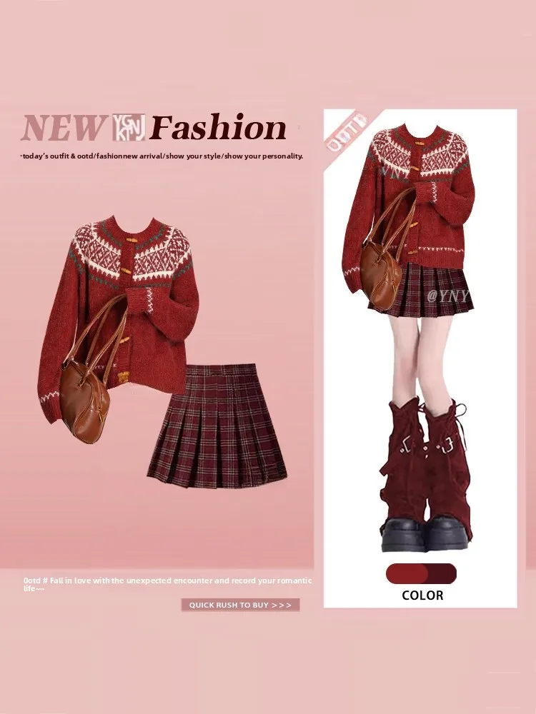 Cisas Fair Isle Knitted Sweater And Skirt Set Women's College Sle Small Plaid Winter Aosphere Feeling round Ne Sweater