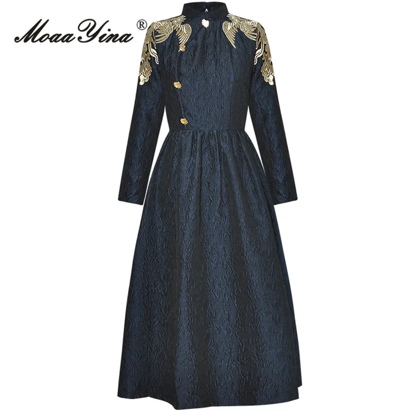 MoaaYina Autumn Fashion Runway Vintage Jacquard Dress Women's Stand Collar Button Embroidery High Waist Slim A-LINE Long Dresses