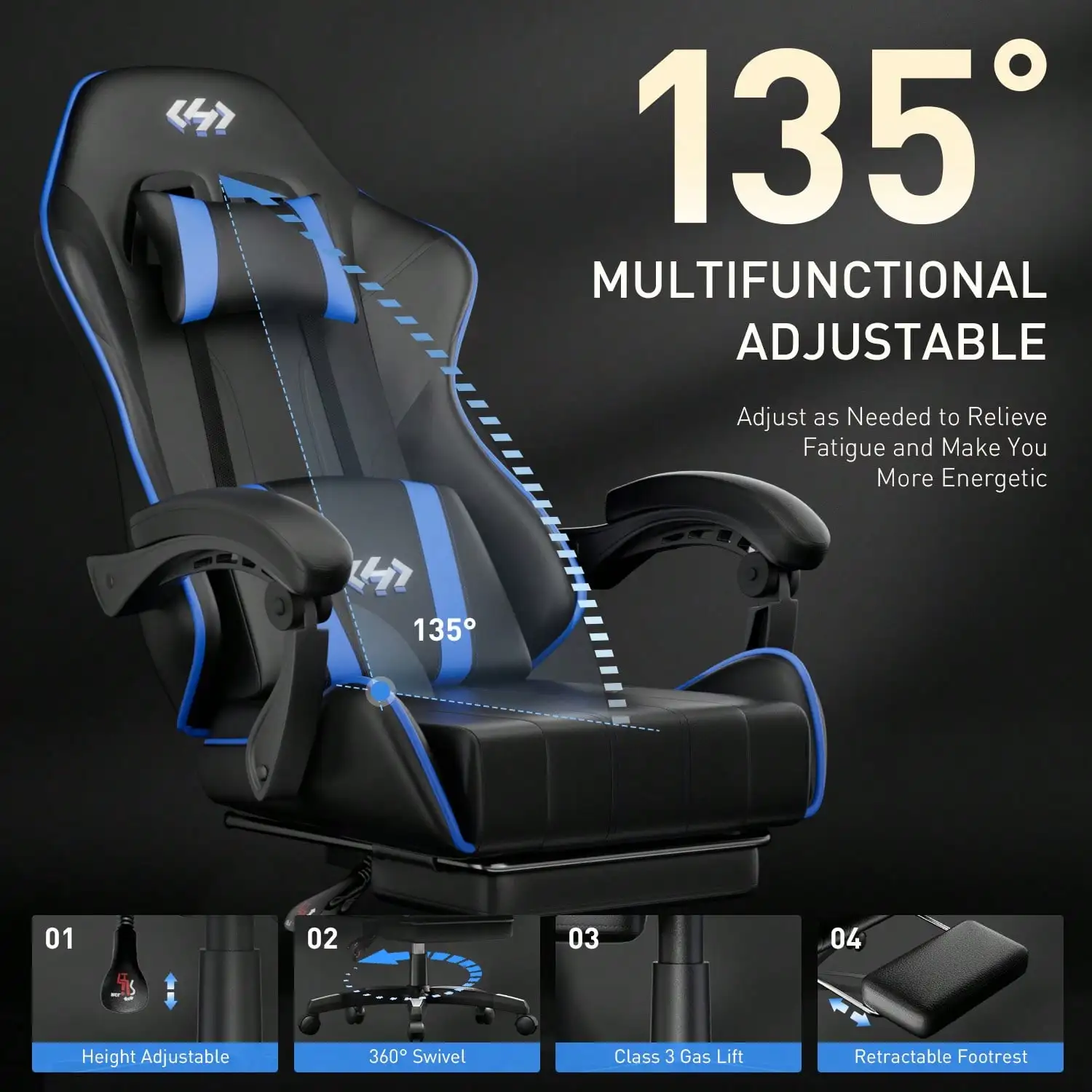 HLDIRECT Gaming Chair, Ergonomic Computer Office Chair With Lumbar Support Footrest Headrest, Adjustable Height & Backrest Angle Video Gamer Chair, PU Leather, 360° Swivel, Adult,Black And Blue view 5