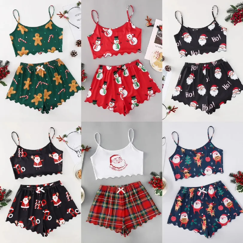 

Christmas Theme Thin Sleepwear Set for Women Sleeveless Milk Silk Shorts Casual Two-Piece Ensemble