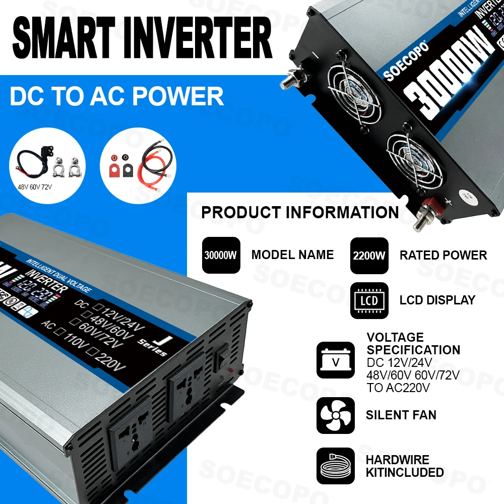 20000W-30000W Car Power Inverter DC 12V 24V 48V 60V 72V To AC 220V 50Hz Voltage Transformer Smart LCD Display for Home Outdoor
