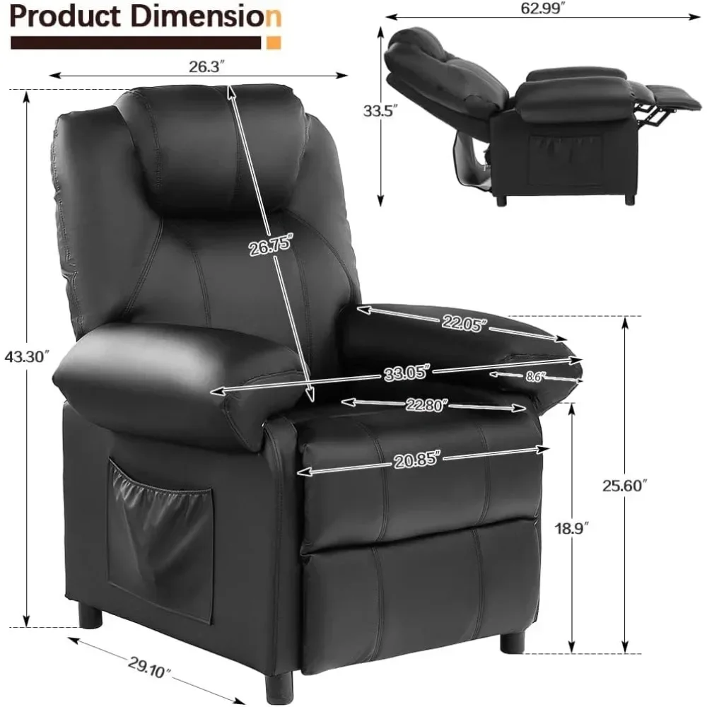 Living Room Chairs for Adults with Side Pockets, Padded Backrest and Thick Seat Cushion, PU Leather Recliner Chairs