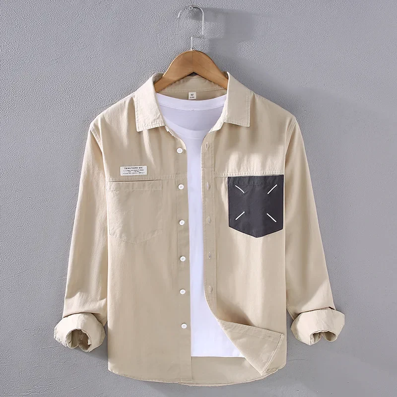 Japanese Fashion Men Shirts Spring Summer Street Casual Shirts Pocket Patchwork Design Shirt Pure Cotton Long Sleeve Shirt New