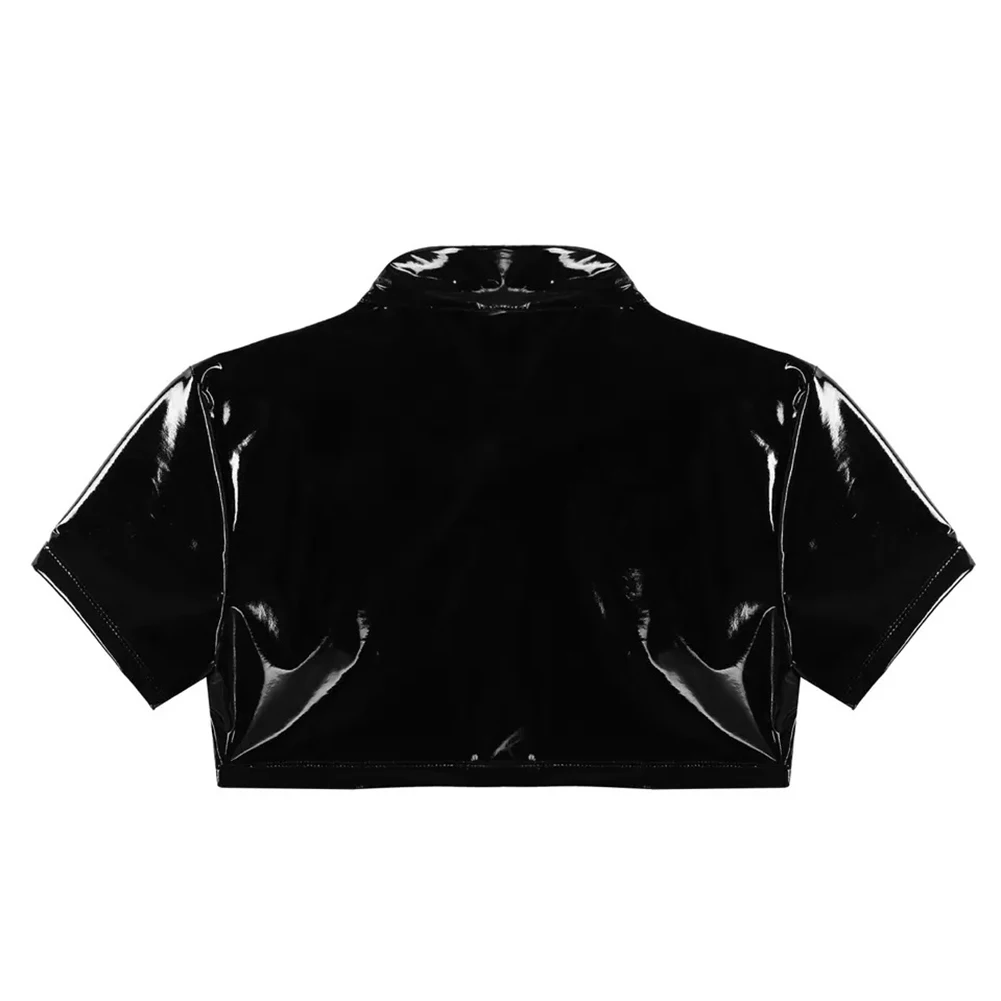 Men Sexy Crop Tops Wet Look PVC Blouse Faux Patent Leather Shirt Jacket Coat PU Slim T-Shirts Shaping Glossy Tops Stage Costumes