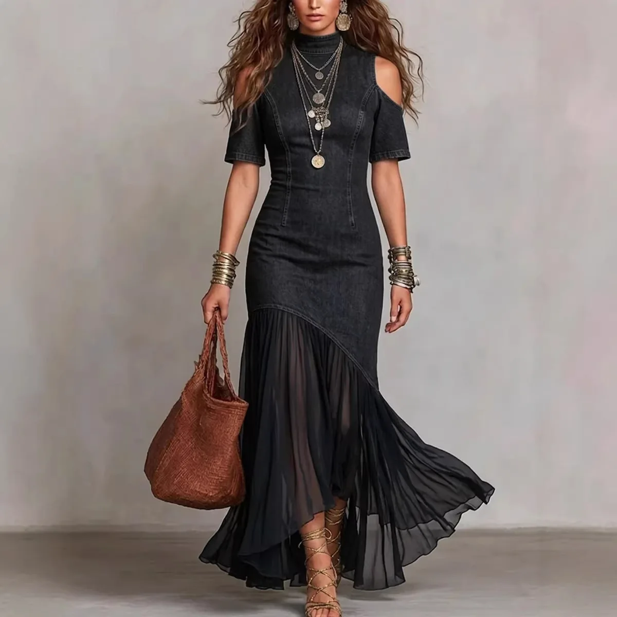 2026 Women Cold Shoulder Denim Maxi Dress Chiffon Splicing Hem Bodycon Party Street Vintage Slim Fit Elegant Summer Long Dress ﻿