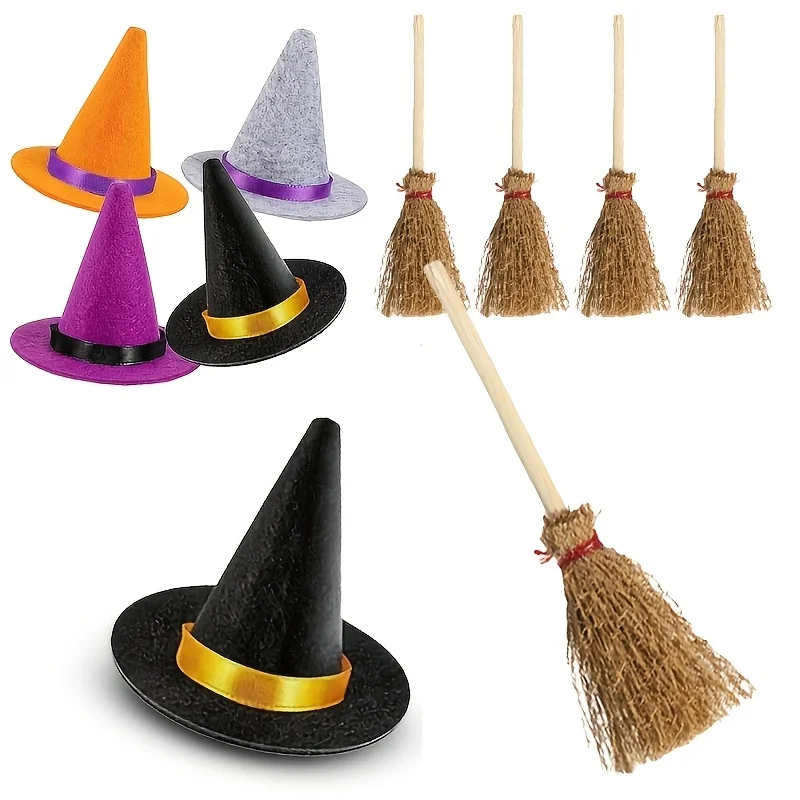 Mini Witch Hat and Broom Combo Set Halloween Handmade DIY Decoration Accessories Party Scene Decoration view 2