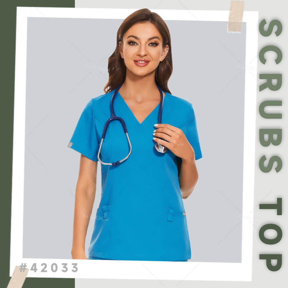 

Hospital Nurse Uniforms Healthcare Workers Nursing Workwear Tops Casual Short Sleeve V-neck Scrubs Shirts Medical Blouse