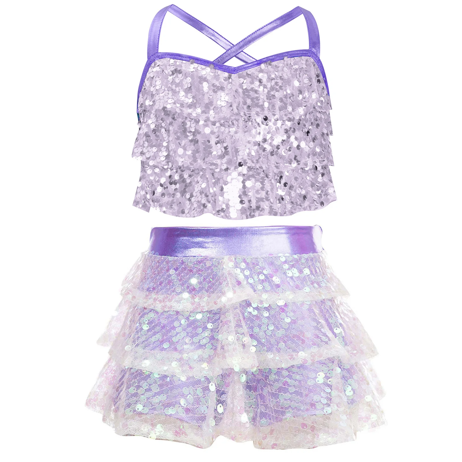 

Kids Girls 2Pcs Cheerleading Outfits Sequins Ruffles Jazz Latin Dance Costumes Rumba Chacha Samba Hip Hop Performance Dancewear