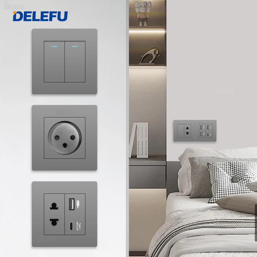 DELEFU Alev Geciktirici PC Paneli 86mm Gri İsrail Standart USB Tip C Hızlı Şarj Duvar Soketi Anahtarı TV Telefon CAT5 CAT6