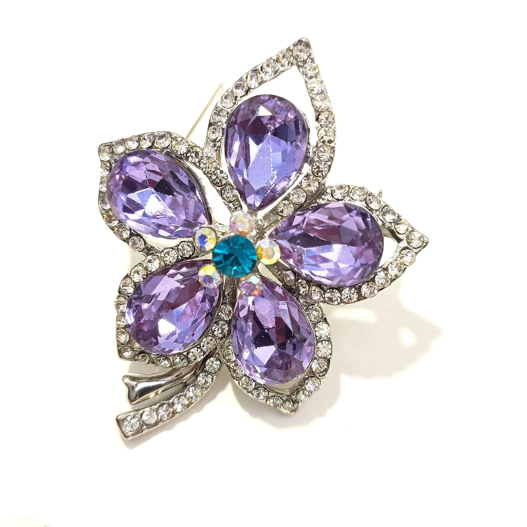 

Glamorous Silver Tone Short Stem Opens Studded Five Petal Purple Flower Brooches Pins for Women