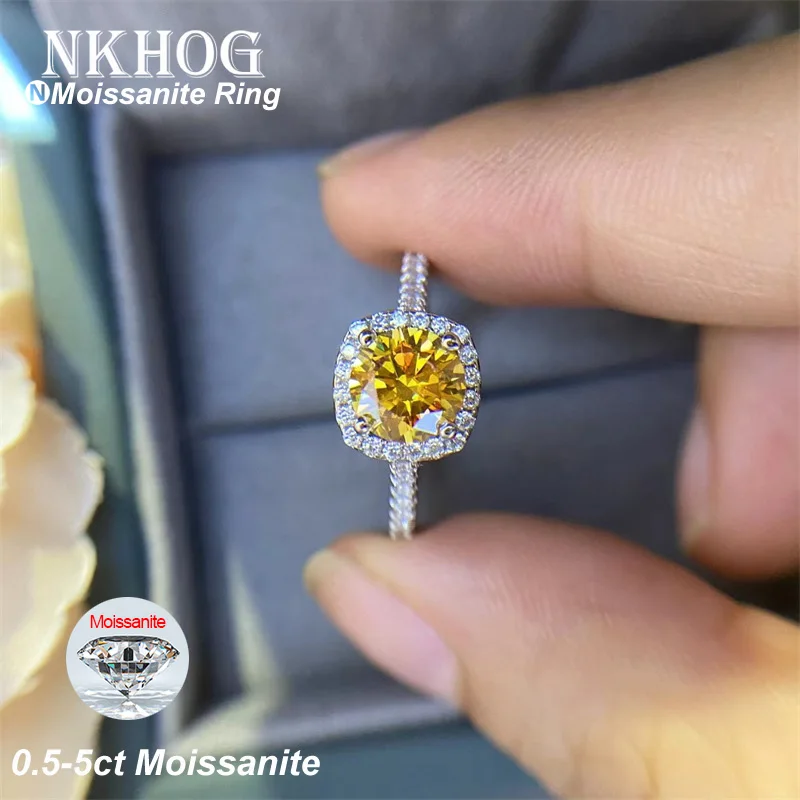 NKHOG 0.5-3 karatowy żółty pierścionek Moissanite S925 srebro pozłacane Au750 obrączki ślubne prezenty biżuteria GRA