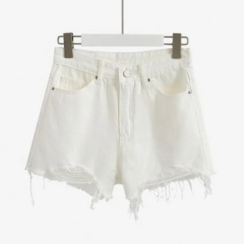 Ripped High-waist Denim Shorts  Women Versatile Slim A-line Pants Bristled Wide-leg Pants  Women