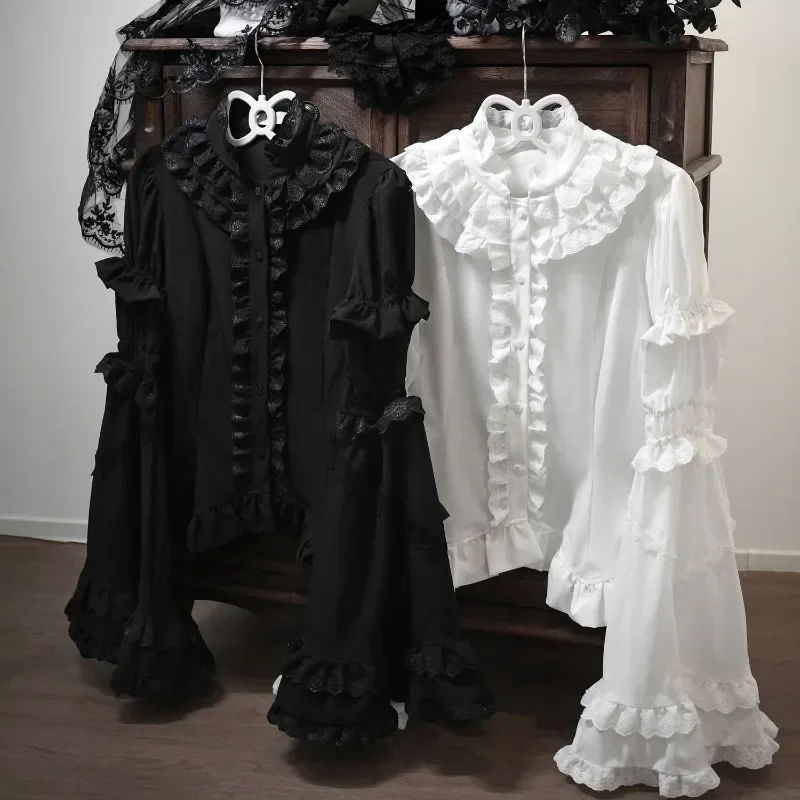 

Lolita Style Slim Fit Japanese Sweet Fairycore Blouse Women Clothing Black White Kawaii Shirts Lace Ruffles Summer Shirt Tops