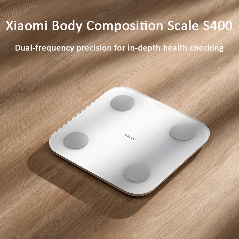 مقياس الدهون في الجسم من Xiaomi S400 بلوتوث 5.0 مقياس تكوين الجسم المنزلي الذكي 150 كجم شاشة LED قياس التردد المزدوج