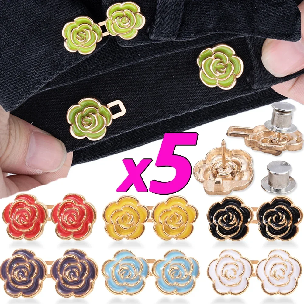 1-5pcs Colorful Waist Buckles Rose Shape Jean Pant Button Detachable Alloy Waist Tightener Clothing Accessories DIY Waist Buckle