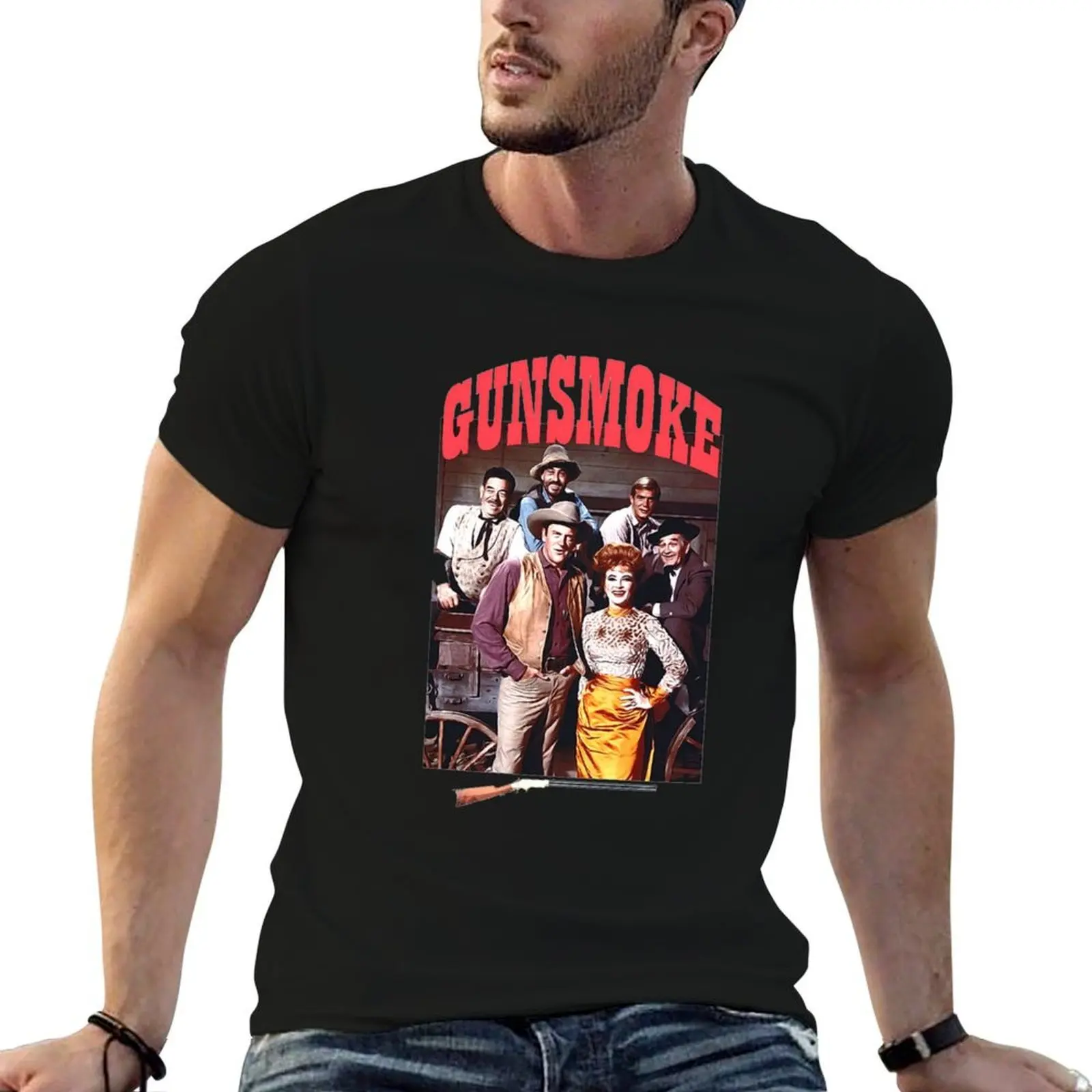 Camiseta masculina do programa Gunsmoke com Mat Dillon e Kitty, Doc e Festus, camiseta masculina de algodão