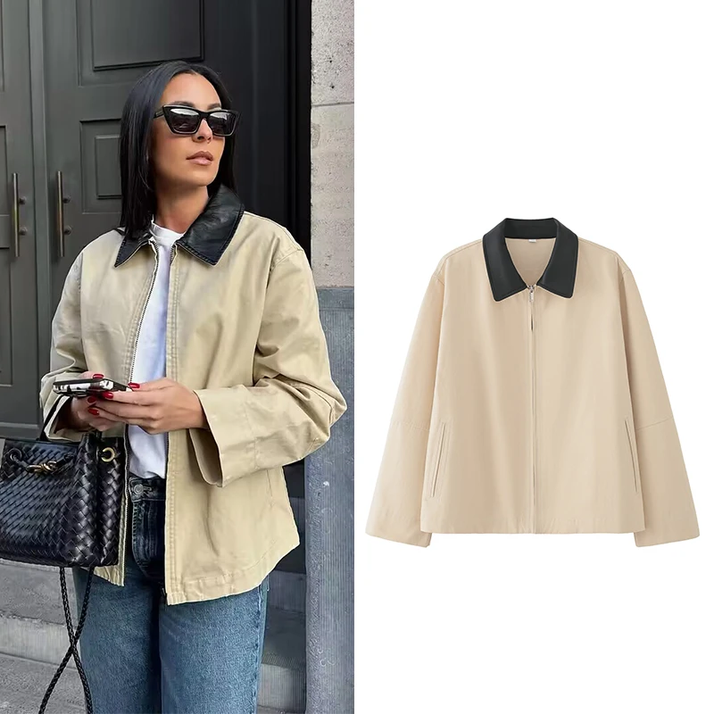 

RAFZNB Women Fashion PU Leather Lapel Casual Coat Turn-down Collar Long Sleeve Jackets Coats Female Outerwear Chic Tops