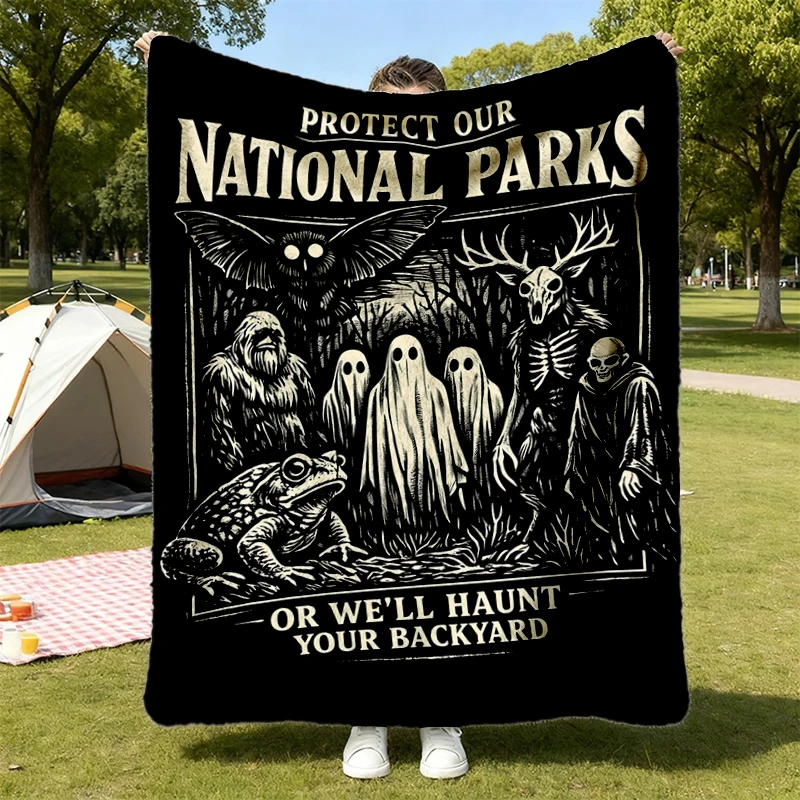 Protect Our National Parks Comfy Blanket, Cryptid Flannel Blanket, Bigfoot Mothman Ghost Wendigo Skull Flannel Throw