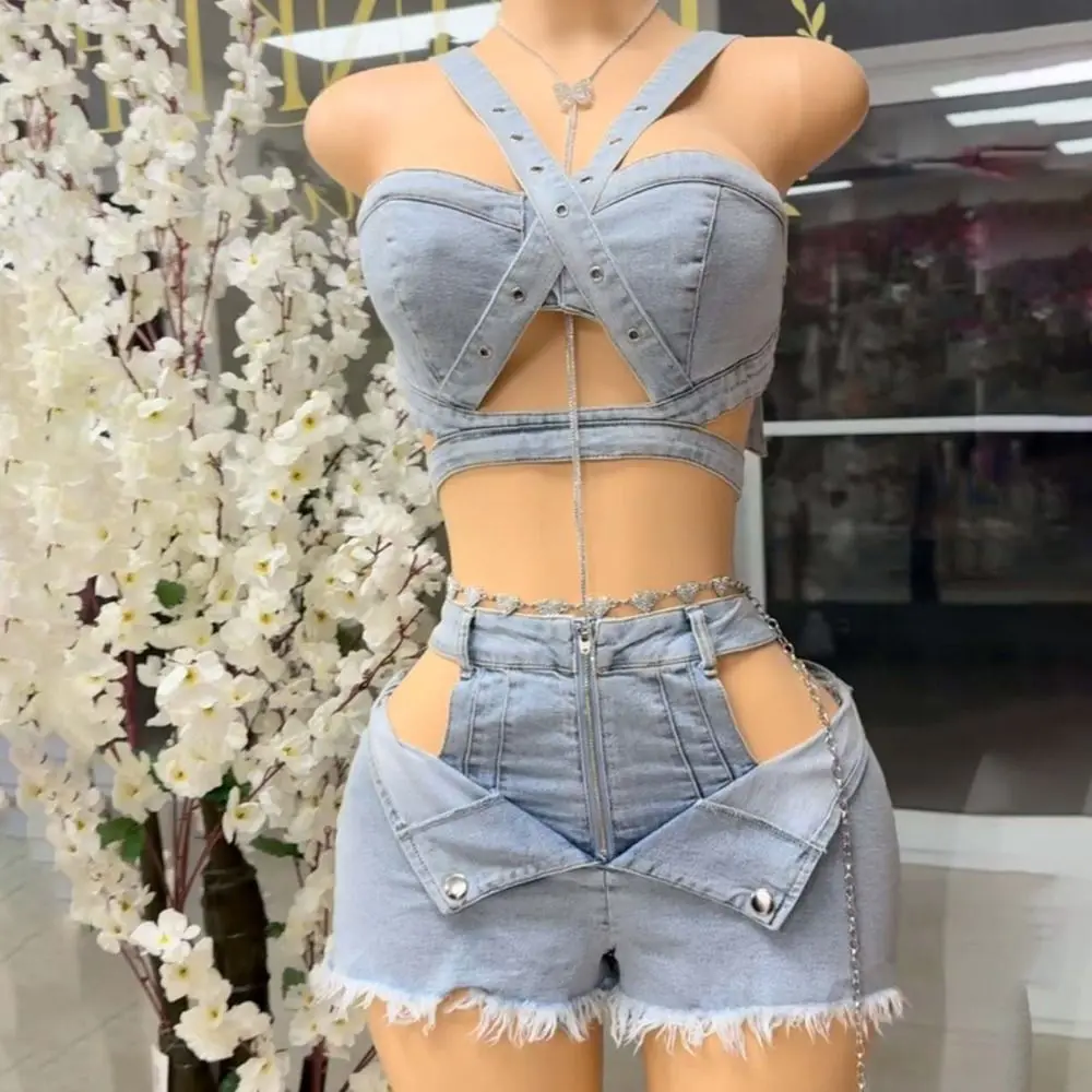 レトロカウボーイショーツセットスパイシーガールスタイルクロスベルトデニムクロップトップショーツジャンプスーツ女性服ノースリーブボディスーツガール
