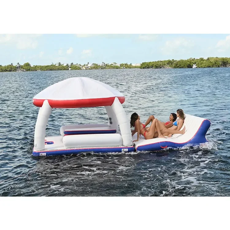 Hot sale wholesale Commercial Summer Recreation Aqua Party Bana raft deck Inflatable Floating Dock Platform pontoon with Tent