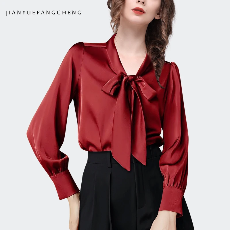 Fashion Long Sleeve Necktie Design Womens Wine Red Satin Blouse Loose-fitting Plus Size Fall Tops Gorgeous Rich Female Shirts