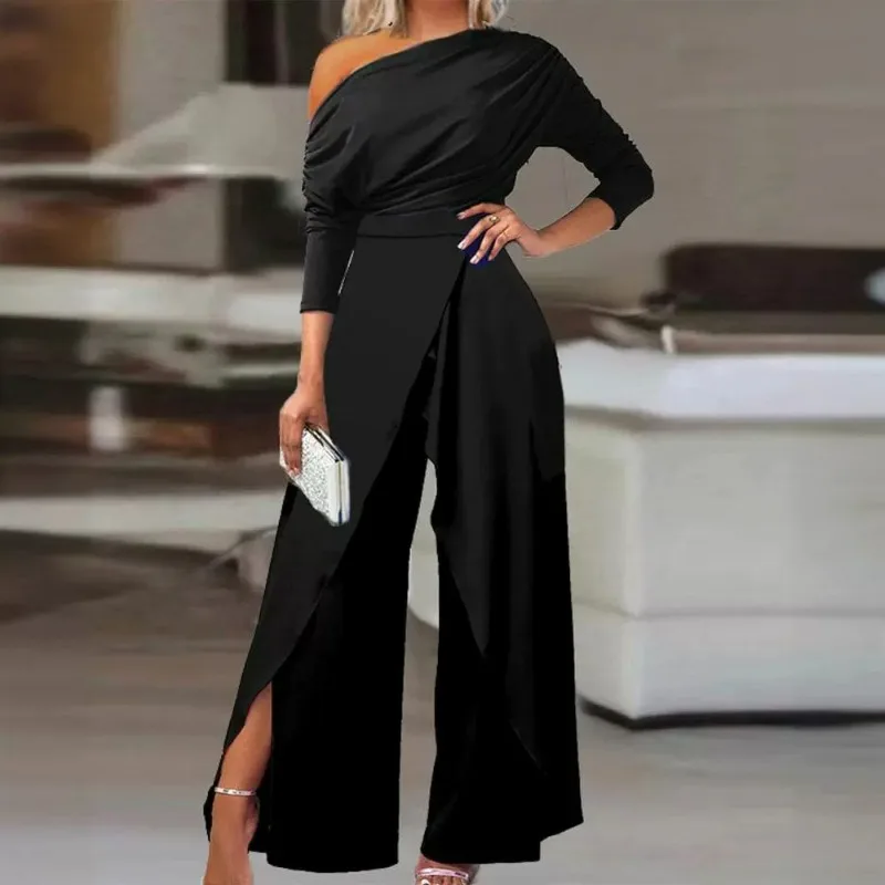 New Women's Shoulder Party Jumpsuit Spring Summer Long Sleeve Straight Nine-Point Pants Elegant Female Casual Sports Jumpsuit