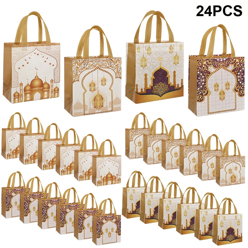 Bolsa de regalo Eid Mubarak de 4 a 24 Uds., bolsa de embalaje de dulces y galletas no tejidas con asa, suministros para fiestas del Festival islámico musulmán de Ramadán 2026