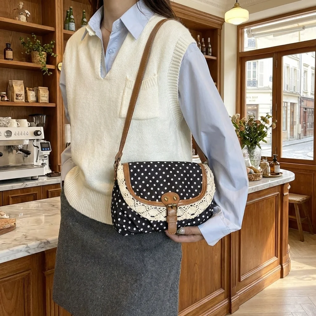 

New Fashion High Quality Polka Dot Crossboby Bag Vintage Lace Trim One-Shoulder Bag Casual Canvas Commuting Bag for Women