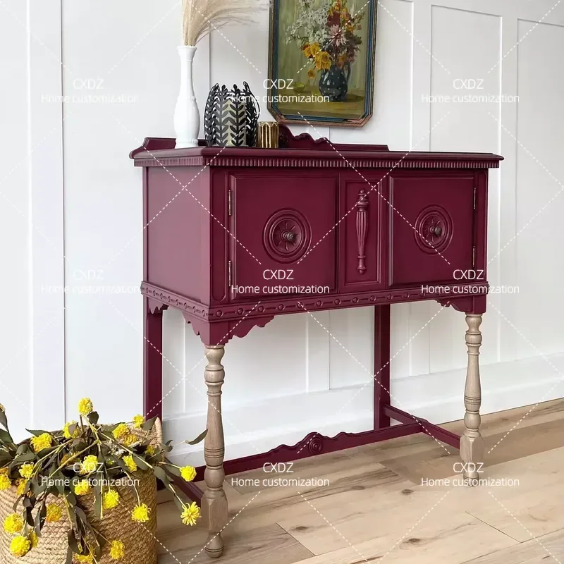 Retro Burgundy Solid Wood Porch Cabinet American Country Style Dining Sideboard with Contrasting Color Log Legs Storage