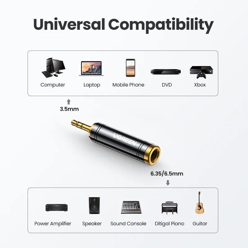 UGREEN 3,5 mm do 6,5 mm 6,35 mm 1/4 Adapter pozłacany z czystej miedzi męski na AUX żeński na Jack Mono Adapter złącza audio 2 szt.