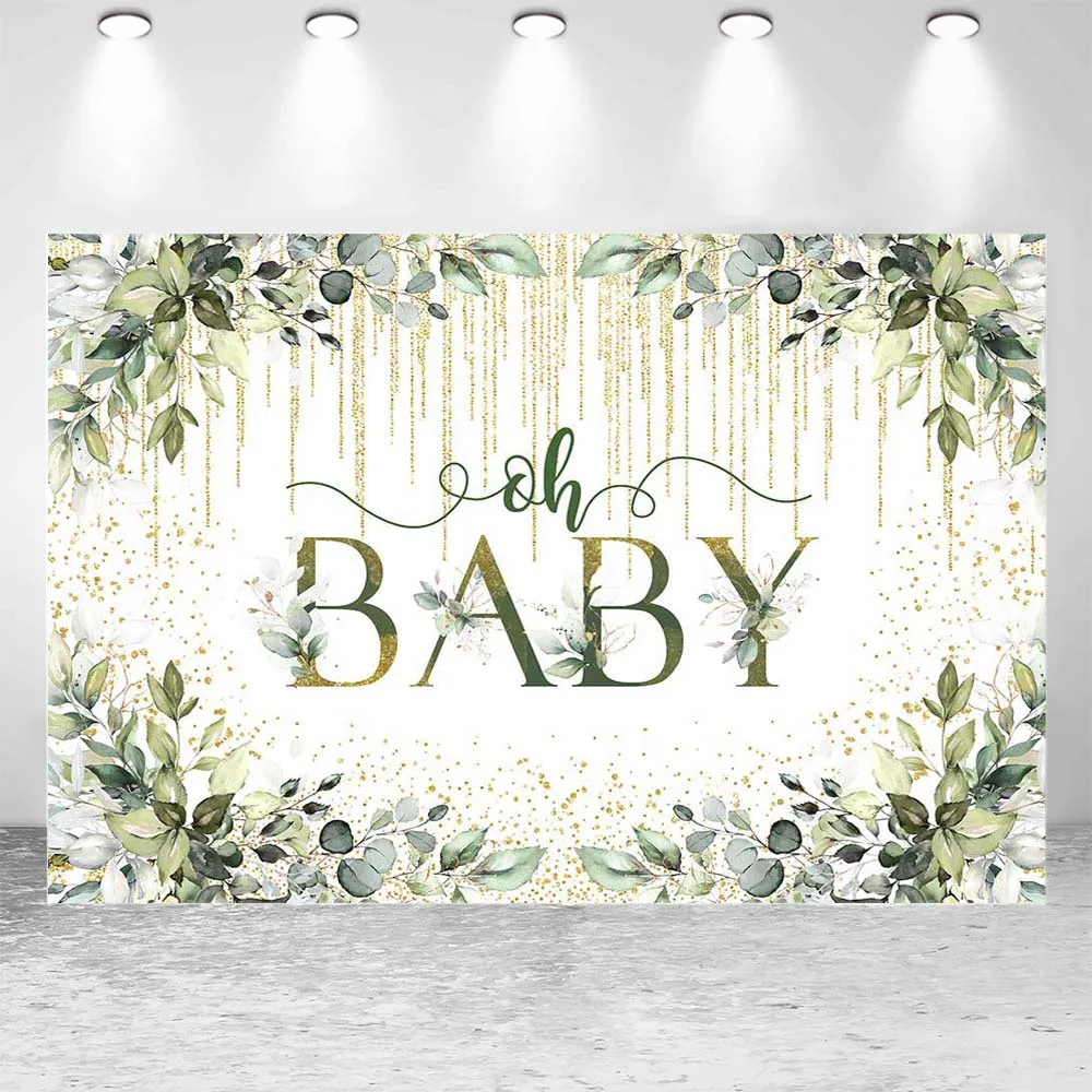 Mocsicka Oh Baby Shower Backdrops for Photography Green Leaves Golden Tassel Newborn Welcome Party Decor Background Photo Studio