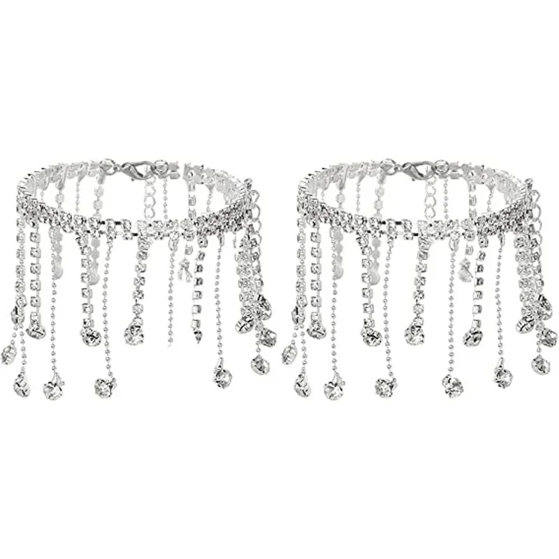 2 قطعة بوهو حجر الراين الكاحل سوار على الساق مجوهرات للقدم للنساء قطرة كريستال شرابة خلخال عالية الكعب تنس القدم سلسلة