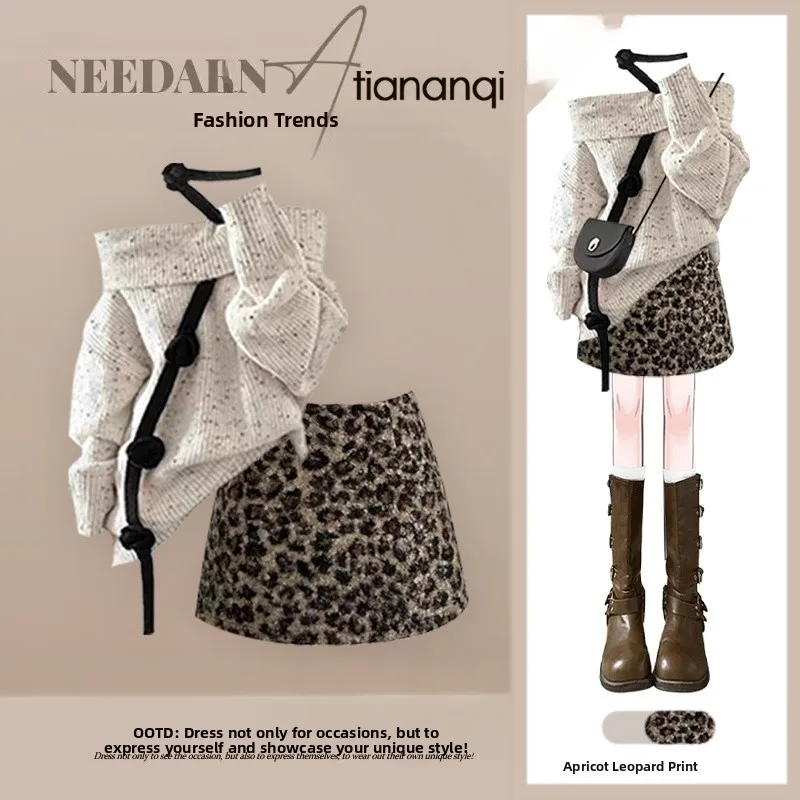 

Winter High-End Knitted One-oulder Women's Set with Leopard Print Skirt Two-Piece Faion Ensemble Comfortable Sweater