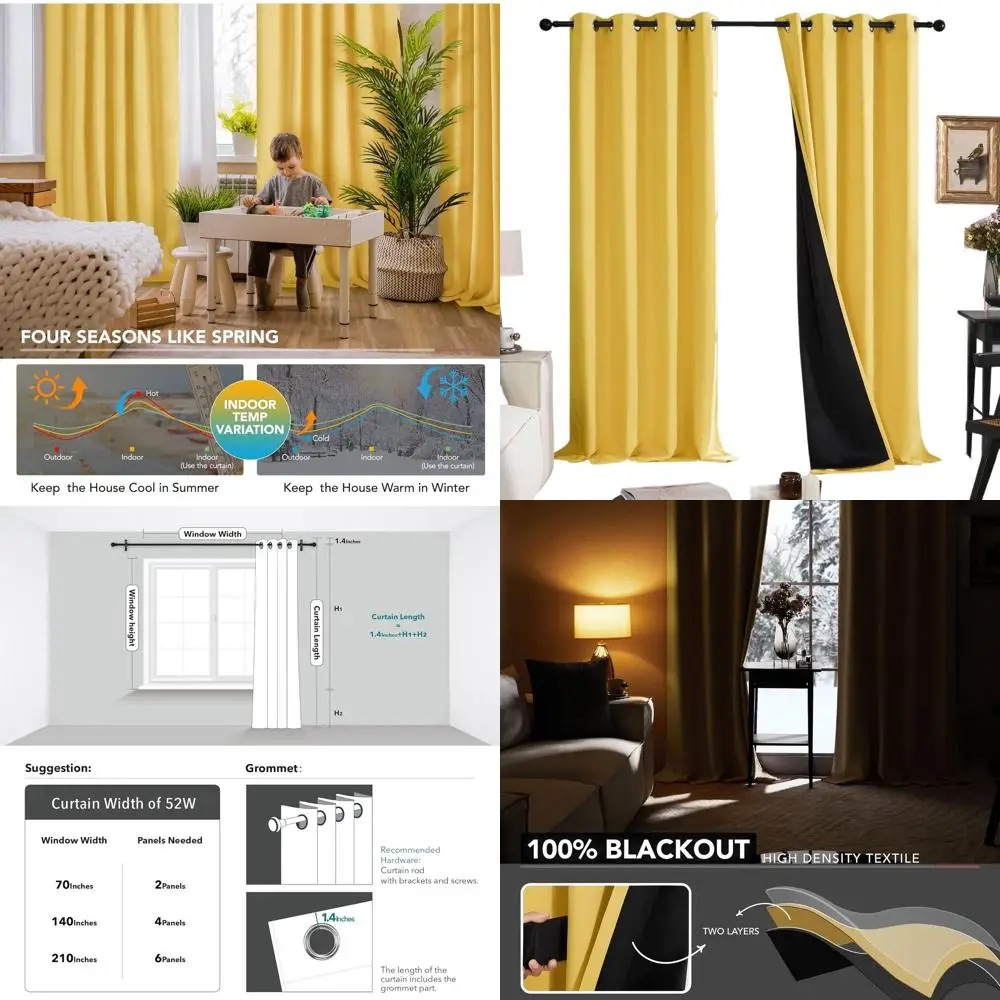 

Thermally Insulated Blackout Curtains with Blackout Lining, Double Layer Noise-Reducing Drapes, 52W x 84L, Yellow, for Bedrooms,