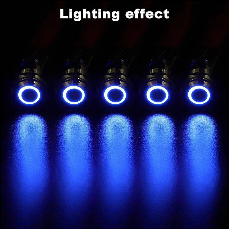 5PCS 12Mm Latching Push Button Switch High Round Cap, Waterproof Metal Push Button Switch With 12V/24V Blue Light
