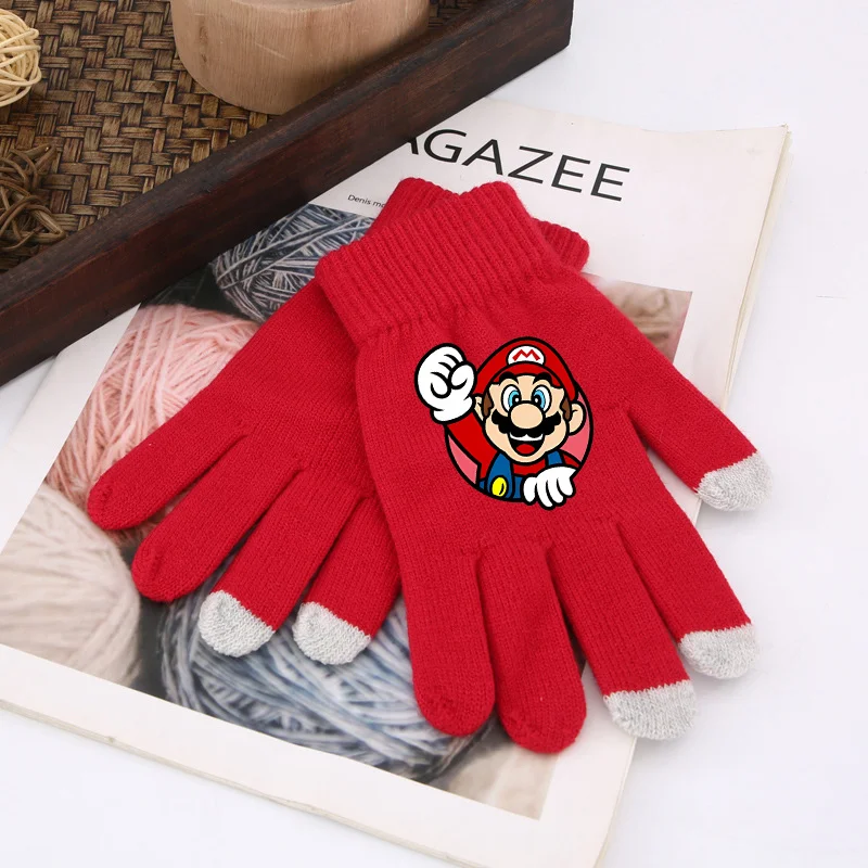 Sarung tangan rajut musim dingin Super Marios Bros sarung tangan jari rajut gambar Anime Aksesori Tangan hangat perjalanan luar ruangan hadiah anak-anak layar sentuh