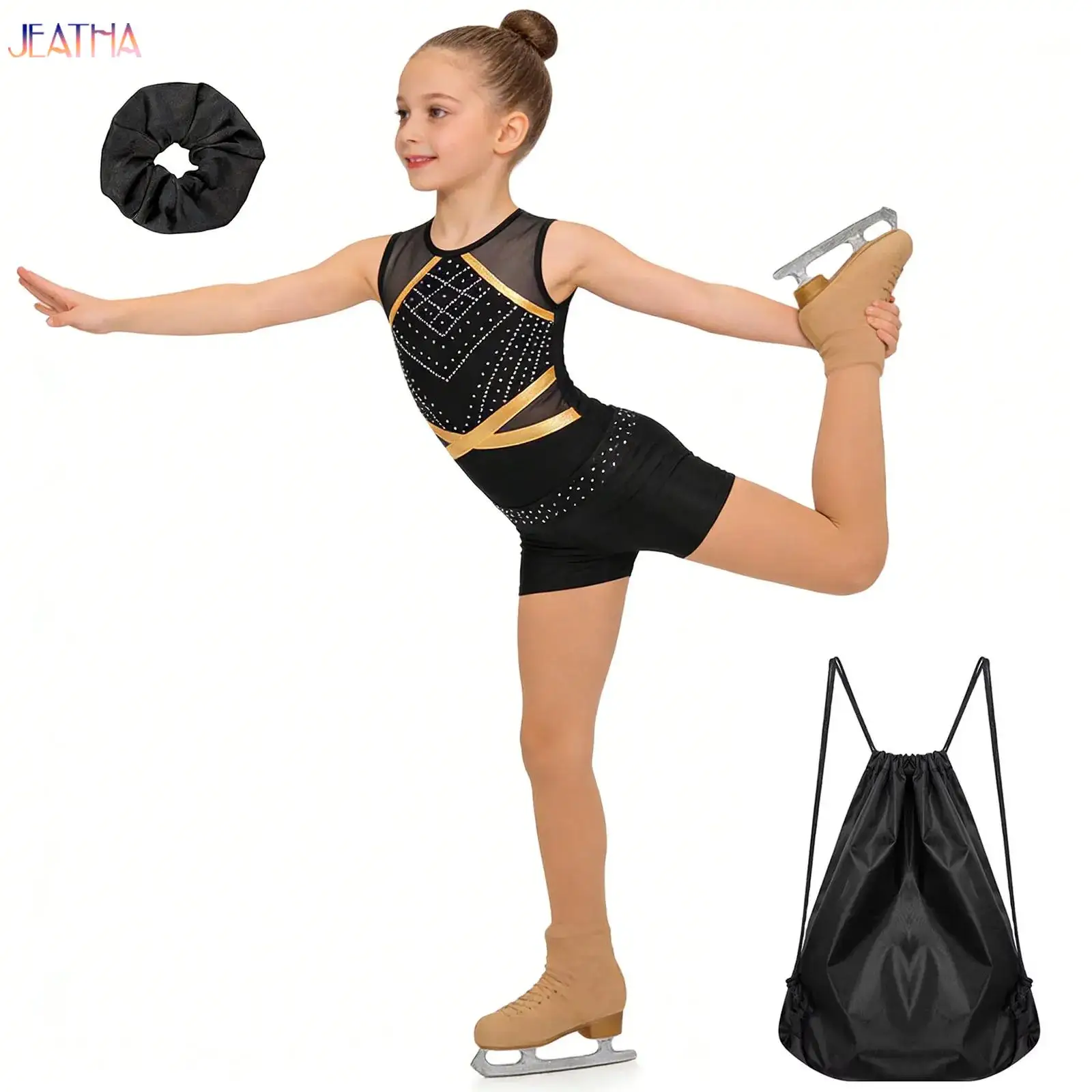 

Teens Girls Rhythmic Gymnastics Jersey Figure Skating Ballet Leotard Shiny Rhinestones Bodysuit Competition Performance Costume