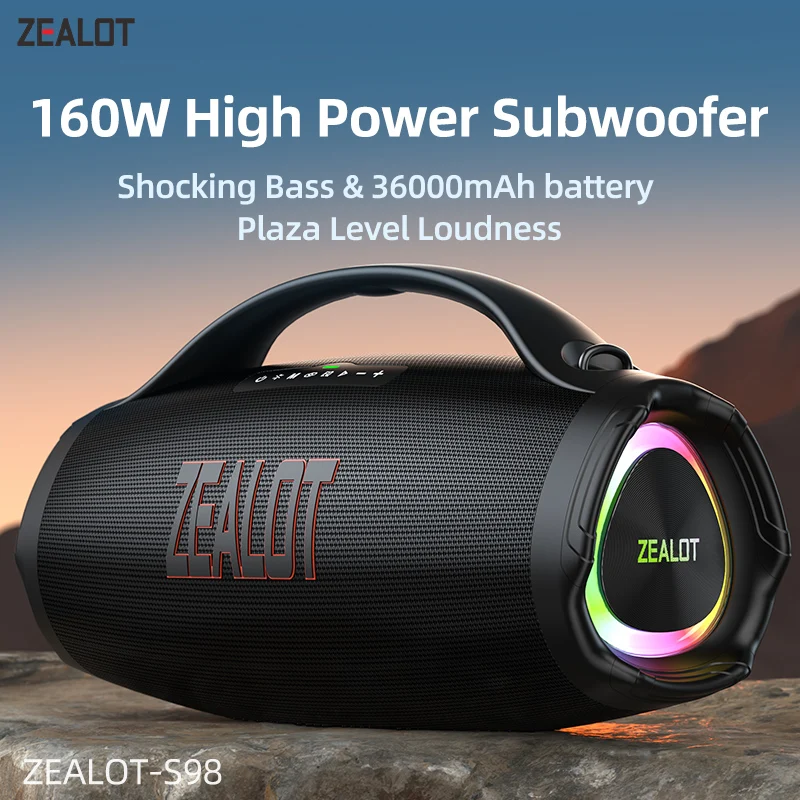 ZEALOT S98 160W Portable Bluetooth Speaker High Volume Waterproof 36000mAh Wireless TWS Subwoofer Suporrt USB/TF/AUX RGB light