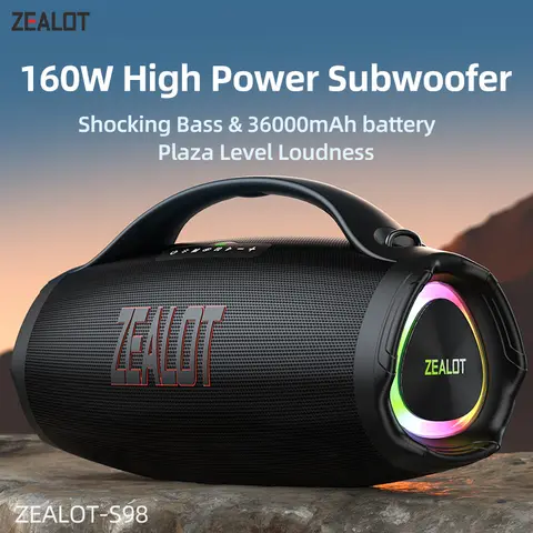 ZEALOT-S98 160W 휴대용 블루투스 스피커 대용량 방수 36000mAh 무선 TWS 서브우퍼 Suporrt USB/TF/AUX RGB 라이트