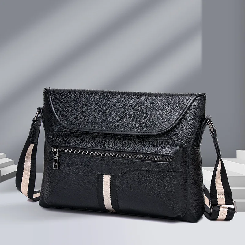 حقيبة كروس ذات سعة كبيرة للرجال، حقيبة ظهر متعددة الجيوب من الجلد الأصلي مربعة أفقية للسفر والعمل بكتف واحد