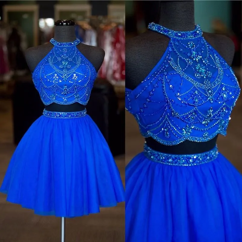 Robe de Rhen tulle bleu royal deux pièces, tenue de soirée, courte, col licou, perles, cristal