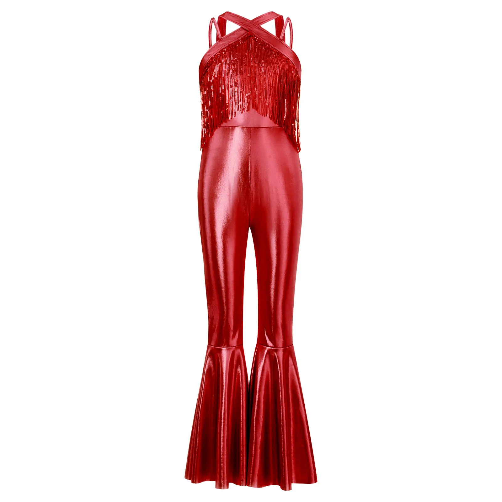 

Kids Girls Party 70s Prom Flare Jumpsuit Jazz Disco Dance Costume Shiny Tassels Sequined Sleeveless Zipper Long Pants Romper
